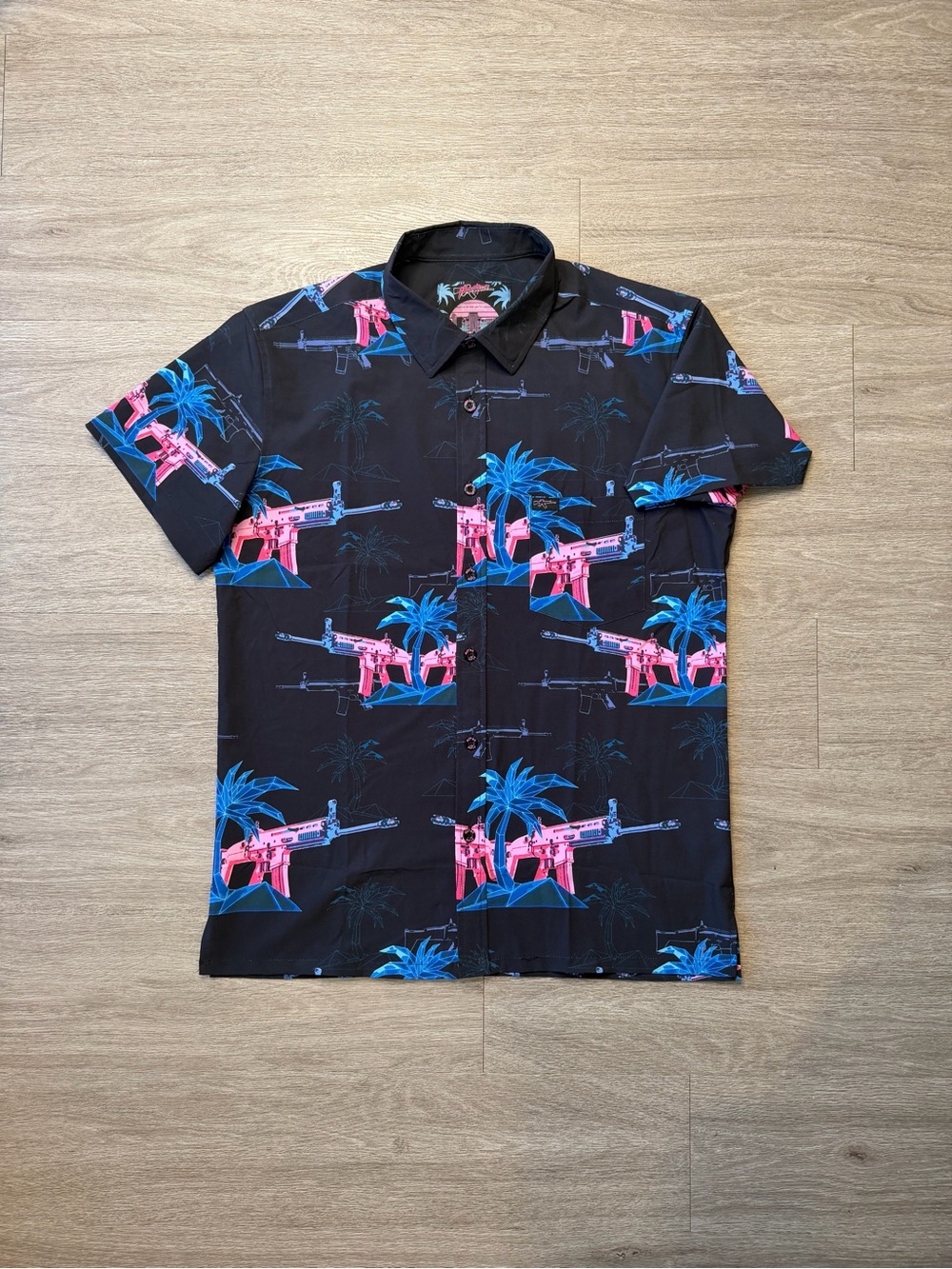 Men's Black Short-Sleeve Button-Down Shirt with Pink & Blue Tropical Print